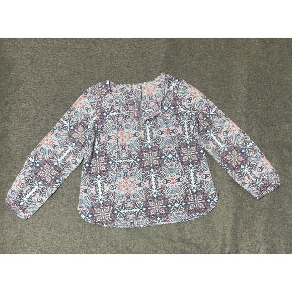 The Unbranded Brand Tops - Unbranded Women's L Blouse Blue Red Paisley Long Sleeve V-Neck Tie Front
